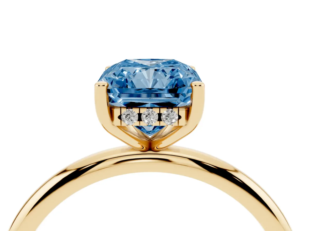 Fancy Blue Radiant Cut Cut Solitaire Engagement Ring with Four-Prong Setting and Classic Band Yellow gold