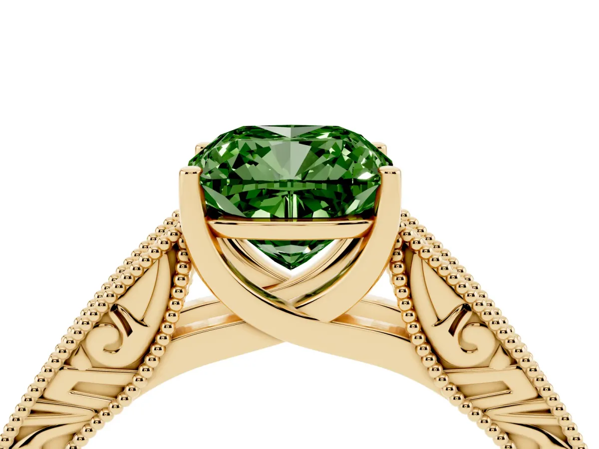 Fancy Green Cushion Cut Diamond Solitaire Ring with Engraved Band and Four-Prong Setting Yellow gold