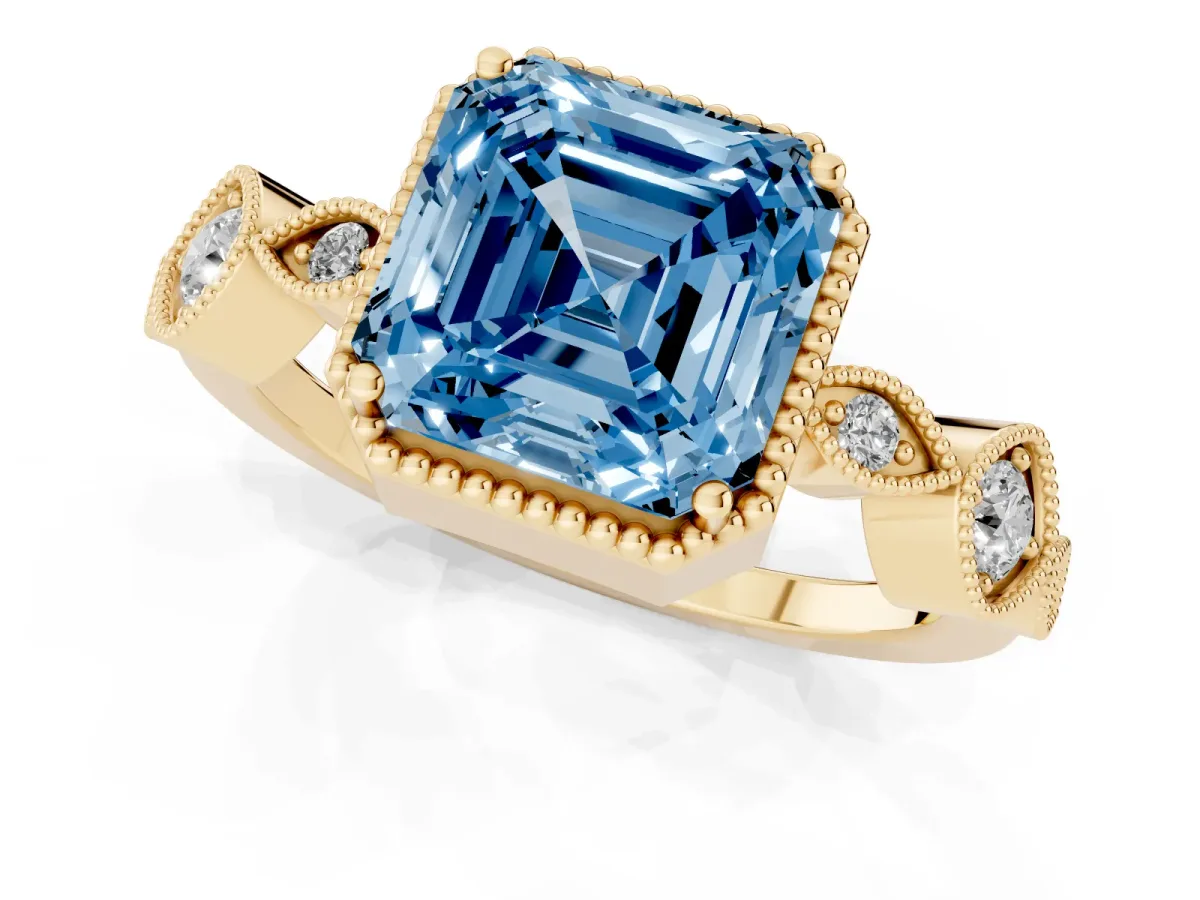 Fancy Blue Asscher Cut Diamond Vintage Milgrain Ring with Round Stations Yellow gold