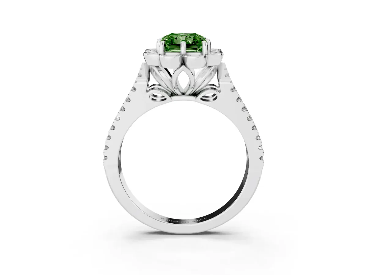 Fancy Green Radiant Cut Halo Diamond Floral Split Shank Engagement Ring Silver