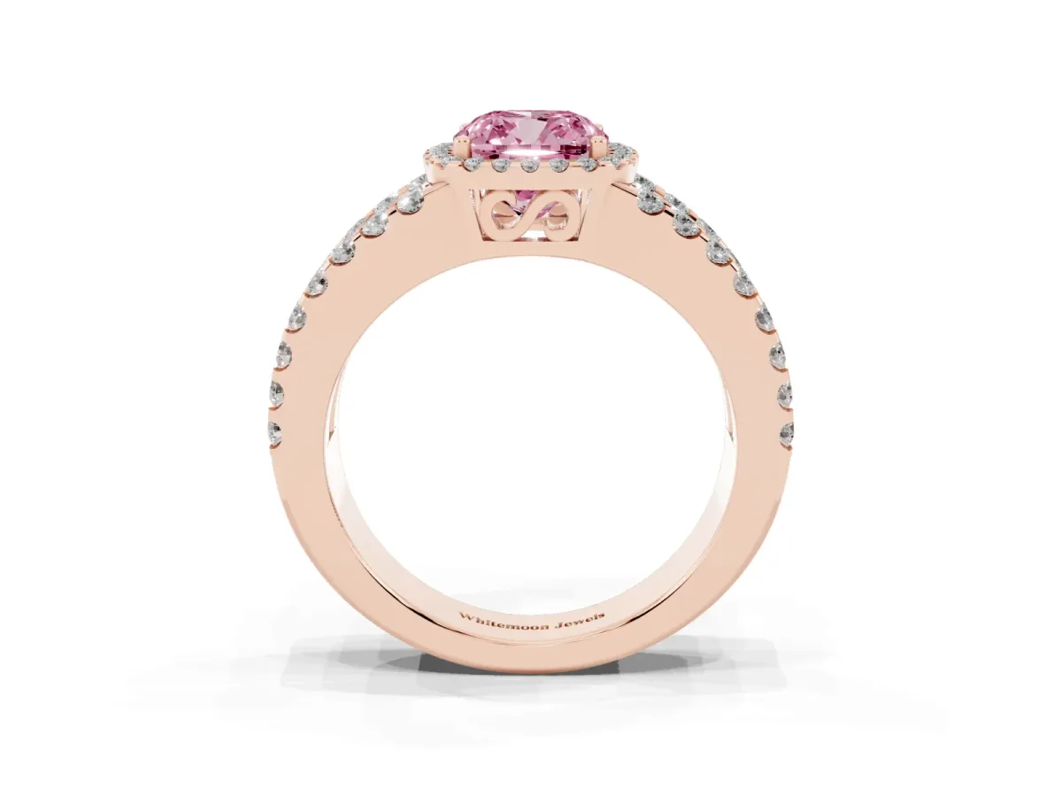 Fancy Pink Cushion Cut Cut Halo Split Shank Diamond Ring with Four-Prong Setting Rose gold