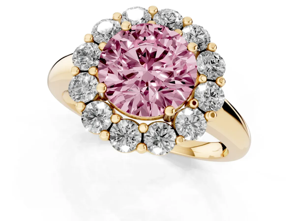 Fancy Pink Round Cut Halo Cluster Diamond Engagement Ring with Prong Setting and Polished Band Yellow gold
