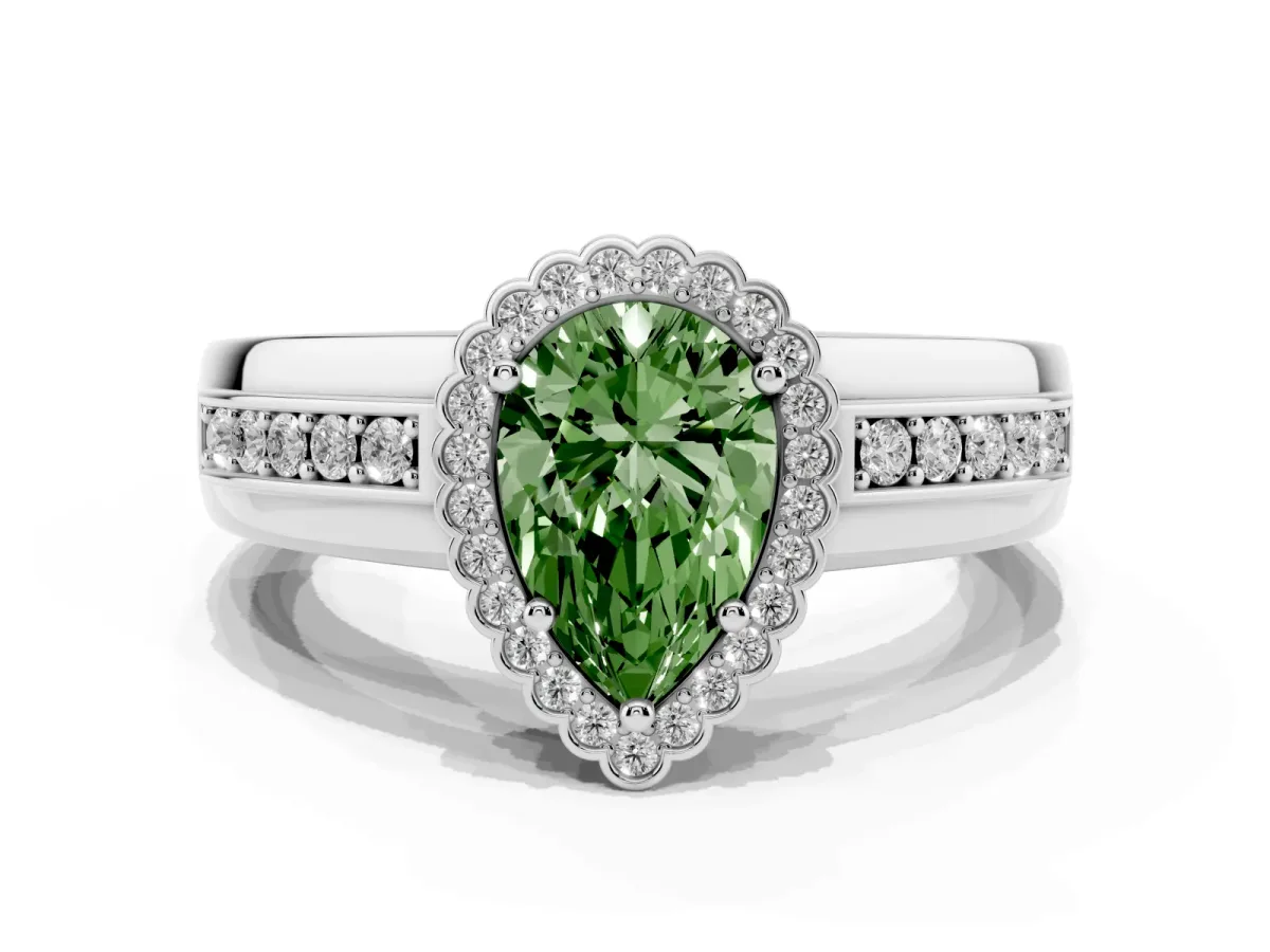 Fancy Green Pear Cut Cut Halo Pave Band Four-Prong Ring Platinum