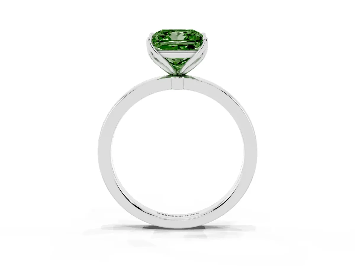 Fancy Green Princess Cut Diamond Solitaire Ring with Thin Band and Prong Setting Silver