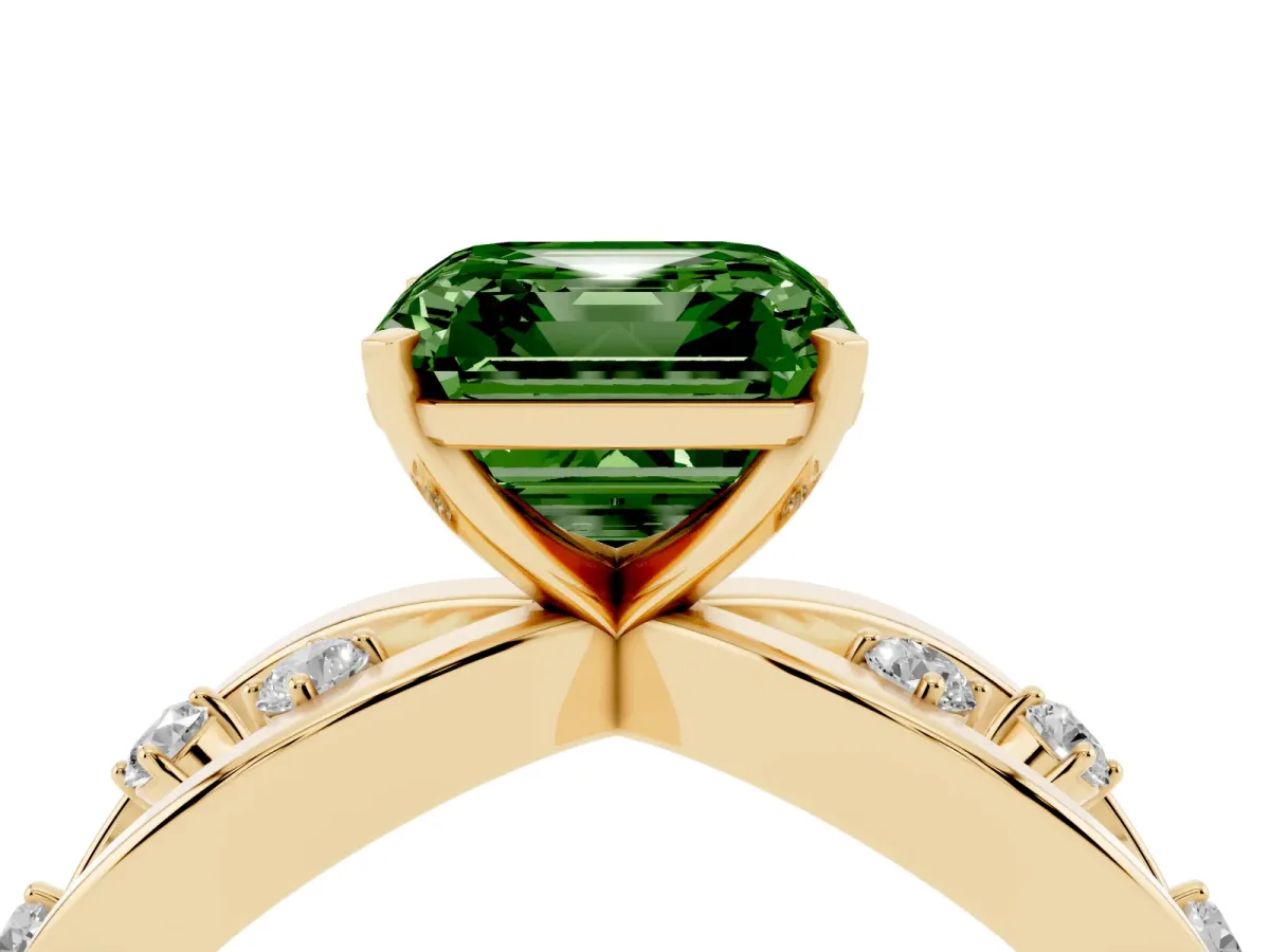 Fancy Green Asscher Cut Cut Solitaire Diamond with Side Stones on Criss-Cross Band and Four-Prong Setting Yellow gold