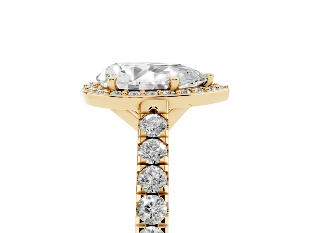 Pear Cut Cut Halo Diamond Engagement Ring with Pave Band and Four-Prong Setting Yellow gold