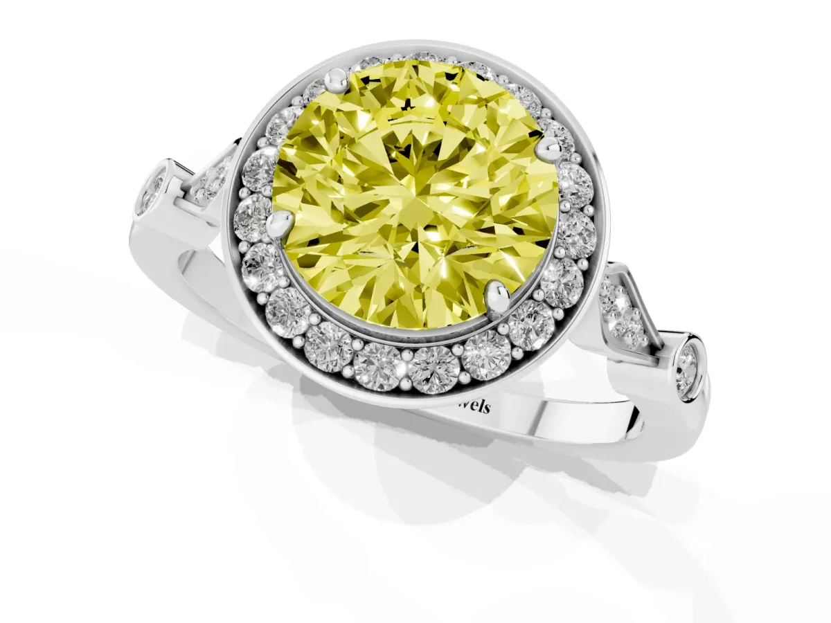 Fancy Yellow Round Cut Halo Diamond Engagement Ring with Twisted Band and Four-Prong Setting Platinum