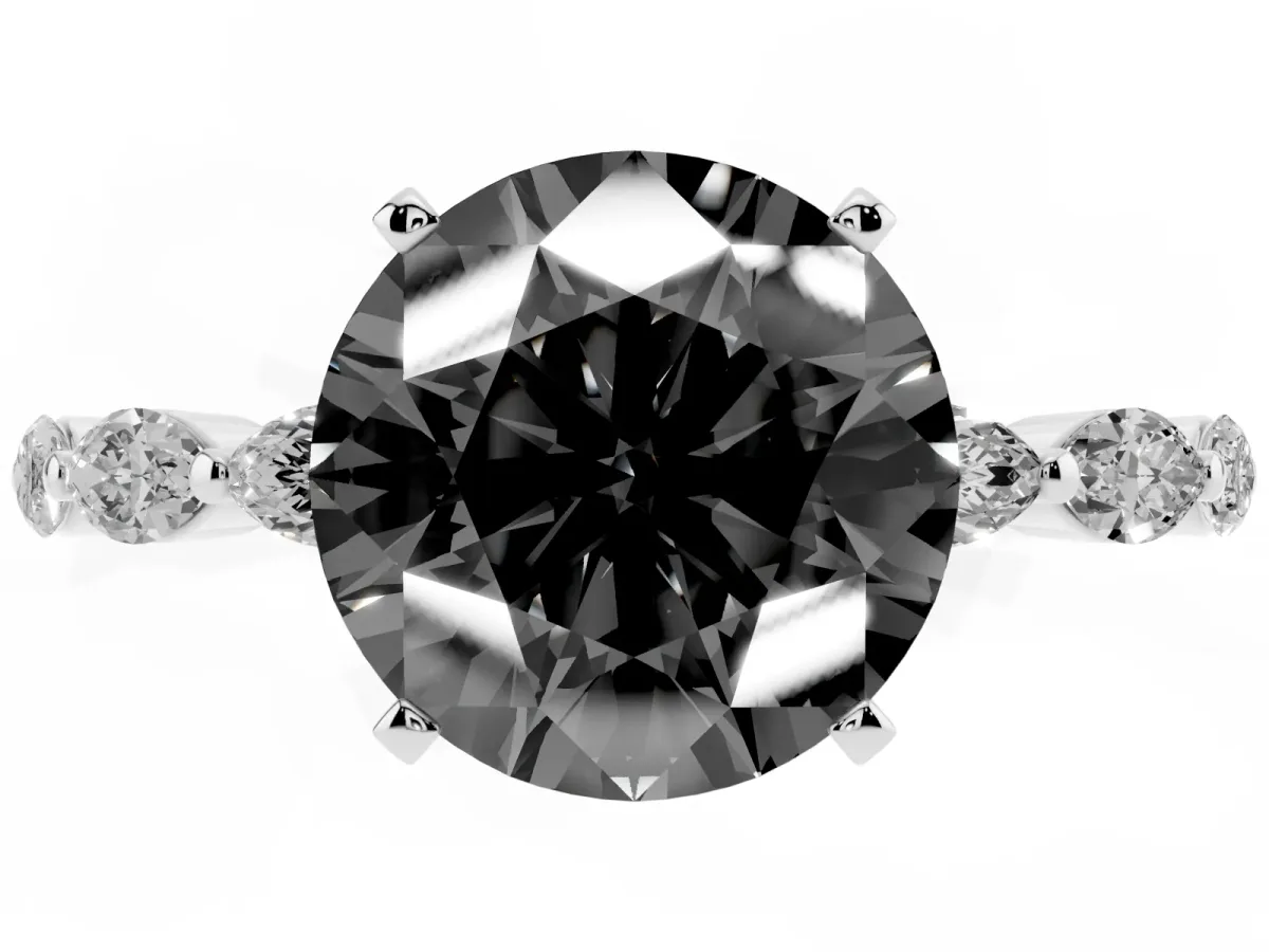 Fancy Black Round Cut Diamond Ring with Marquise Side Stones and Prong Setting Silver