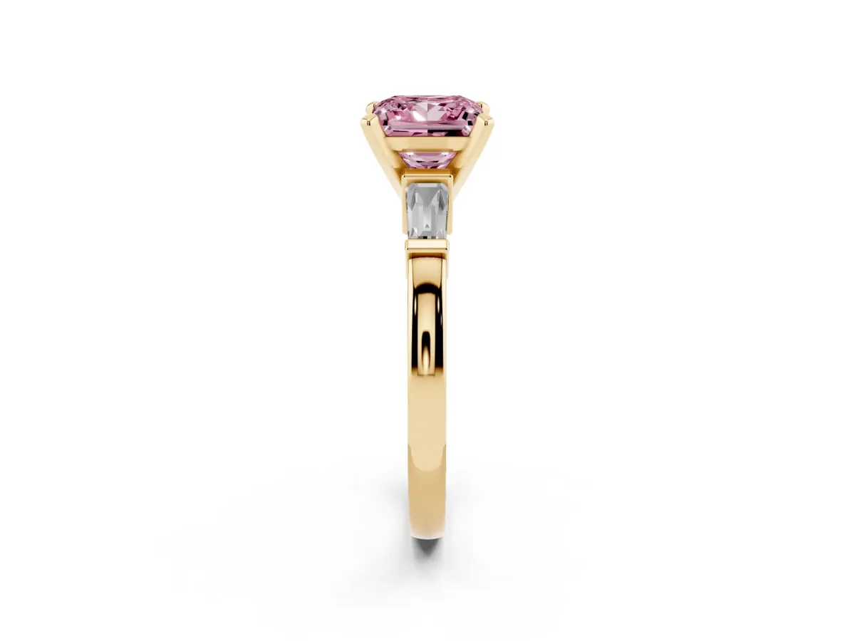 Fancy Pink Princess Cut Cut Diamond Solitaire Ring with Tapered Baguette Accents and Four-Prong Setting Yellow gold