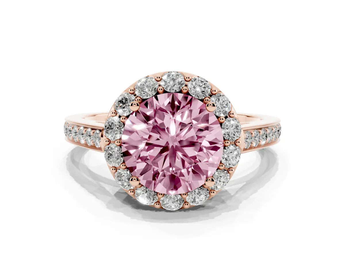 Fancy Pink Round Cut Diamond Floral Halo Ring with Pavé Band and Prong Setting Rose gold