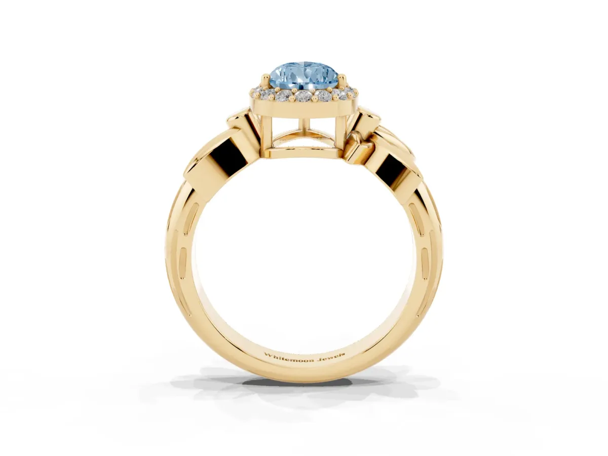 Fancy Blue Pear Cut Halo Diamond Floral Band with Four-Prong Setting Yellow gold