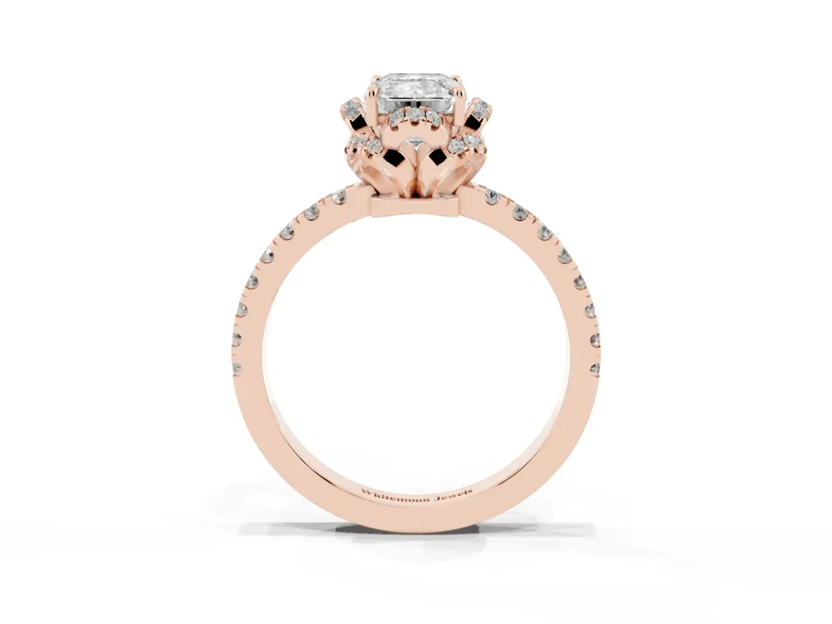 Emerald Cut Halo Diamond Pave Band Ring with Four-Prong Setting Rose gold