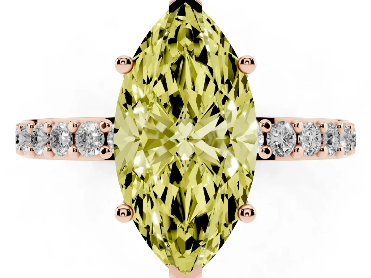 Fancy Yellow Marquise Cut Cut Diamond Solitaire with Pave Band and Four-Prong Setting Rose gold