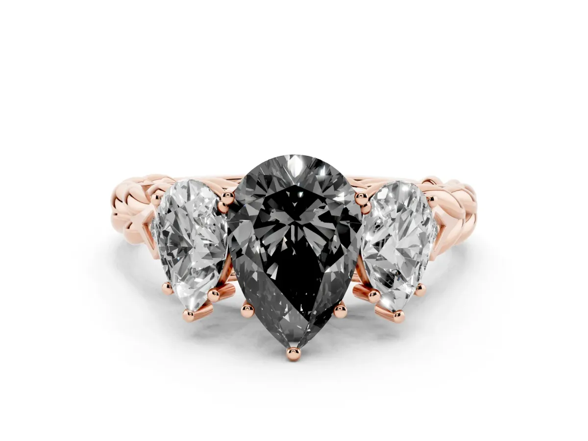 Fancy Black Three-Stone Pear Cut Diamond Braided Band Ring with Four-Prong Setting Rose gold