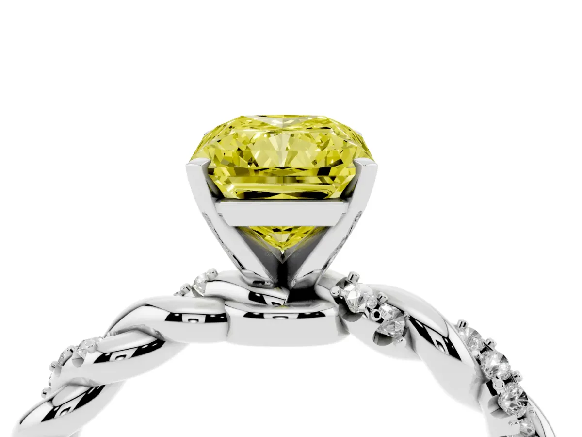 Fancy Yellow Radiant Cut Diamond Solitaire Ring with Twisted Band and Pavé Accents Platinum