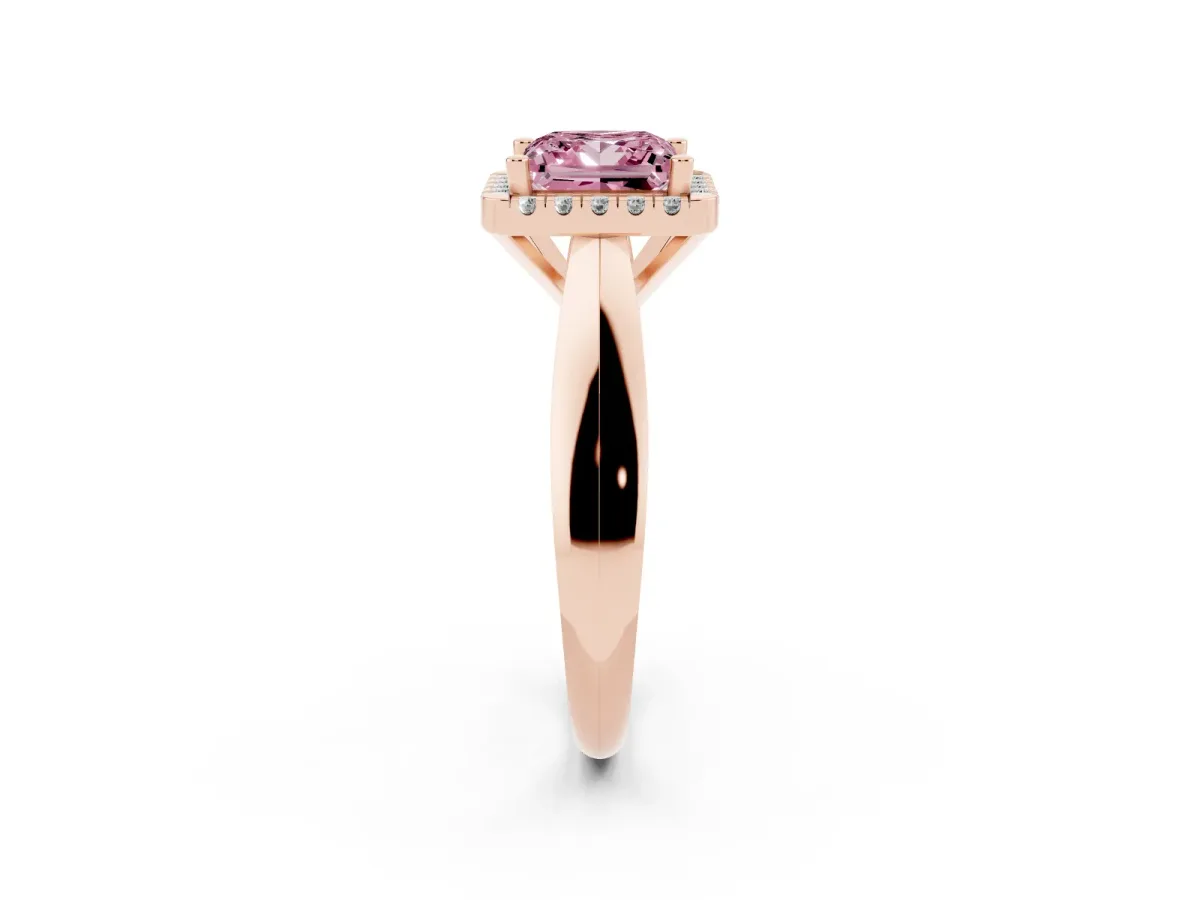 Fancy Pink Princess Cut Cut Halo Solitaire Engagement Ring with Square Band and Four-Prong Setting Rose gold