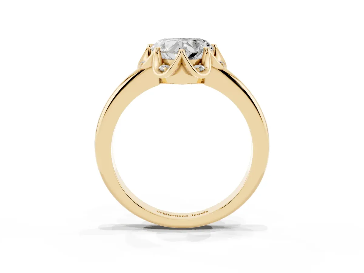Heart Cut Halo Diamond Ring with Round Cluster Setting, Solitaire Band, and Four-Prong Setting Yellow gold