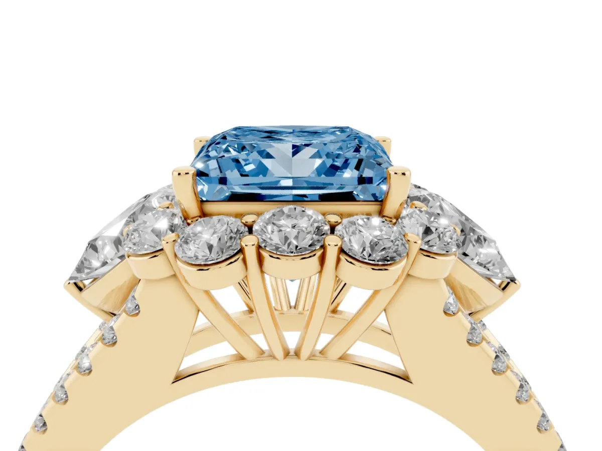 Fancy Blue Princess Cut Halo Split Shank Diamond Engagement Ring with Prong Setting Yellow gold