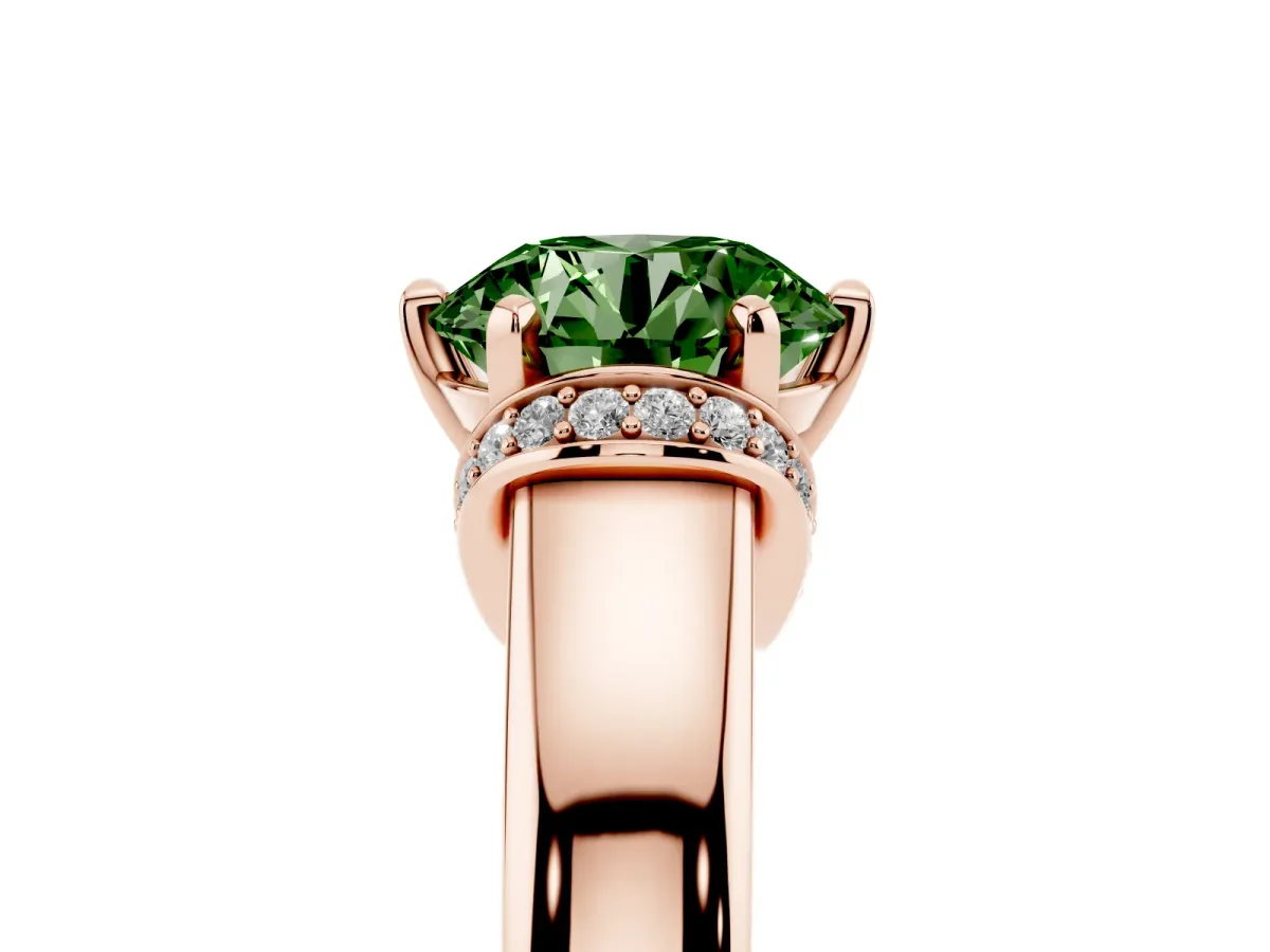 Fancy Green Round Cut Solitaire Diamond Ring with Pave Band and Six-Prong Setting Rose gold