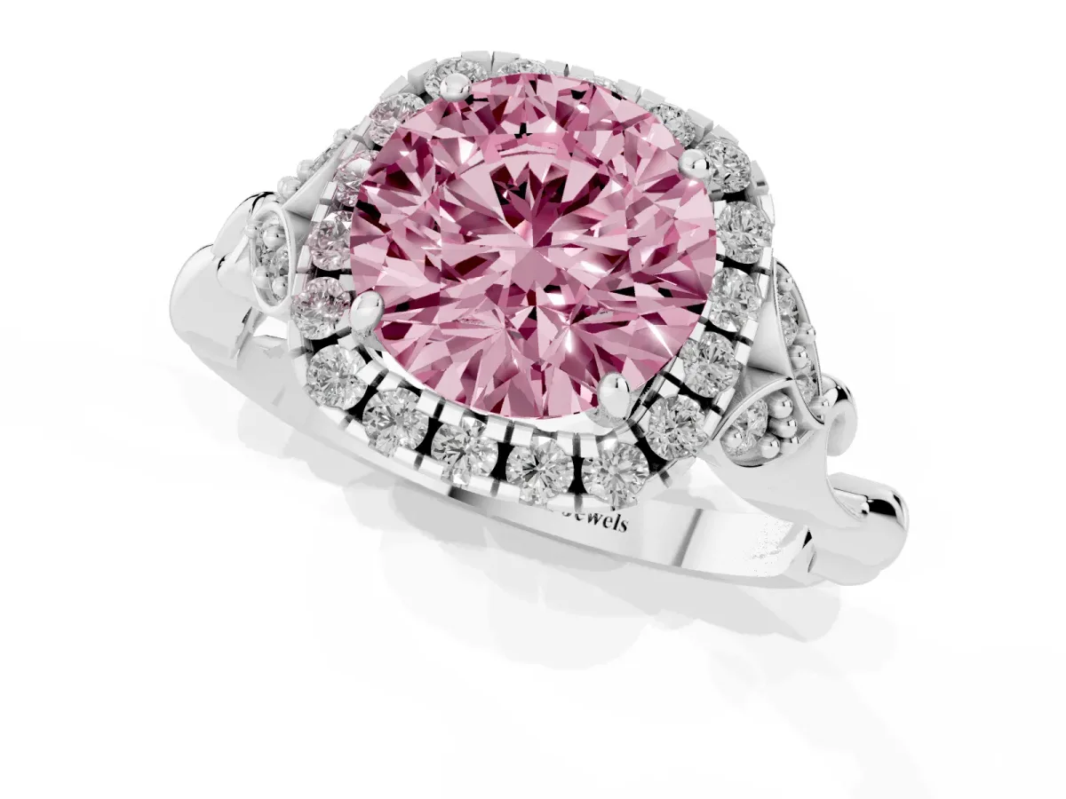 Fancy Pink Round Cut Halo Diamond Engagement Ring with Vintage-Inspired Band and Four-Prong Setting Silver