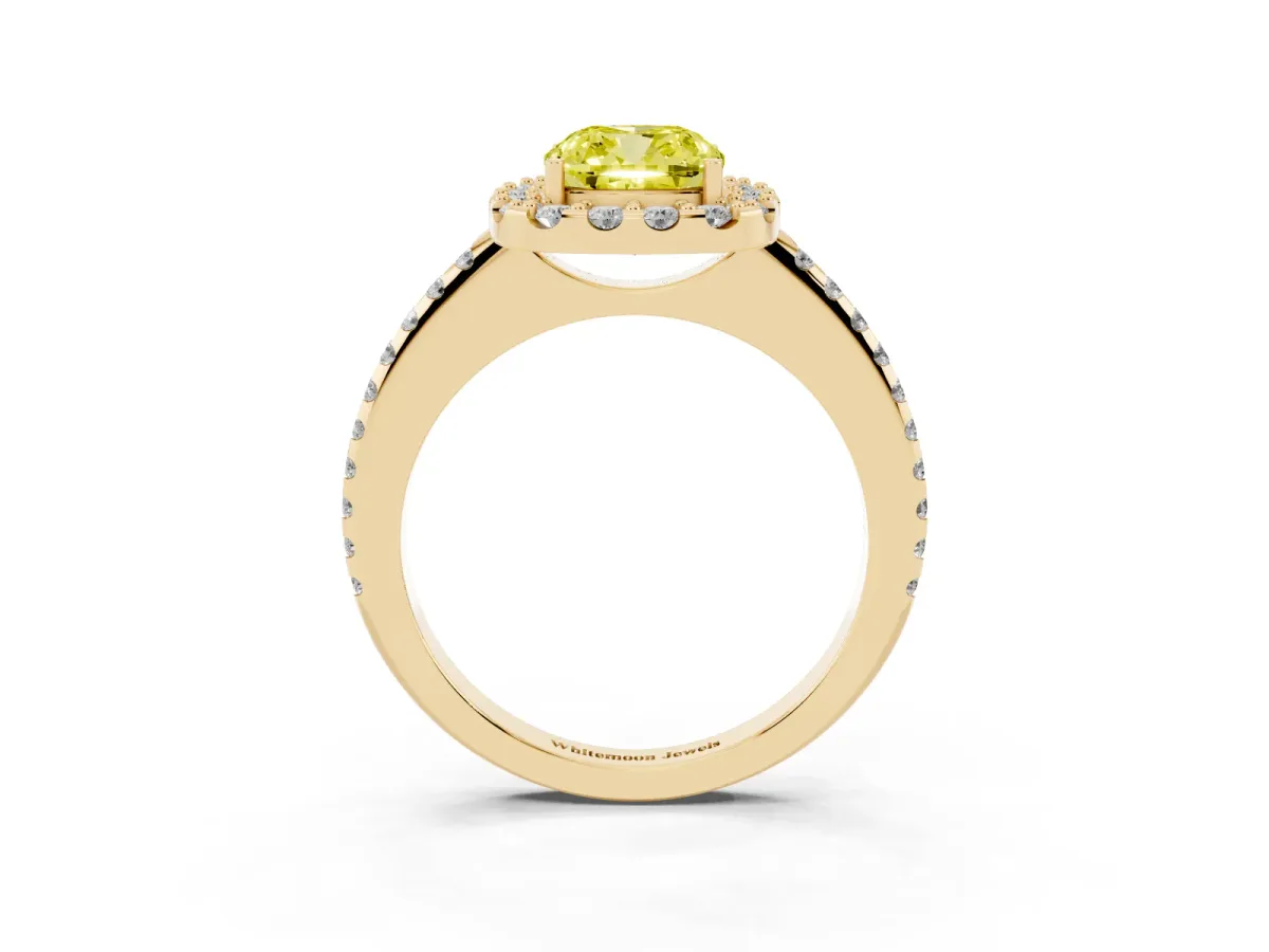 Fancy Yellow Cushion Cut Diamond Pavé Halo Ring with Four-Prong Setting Yellow gold