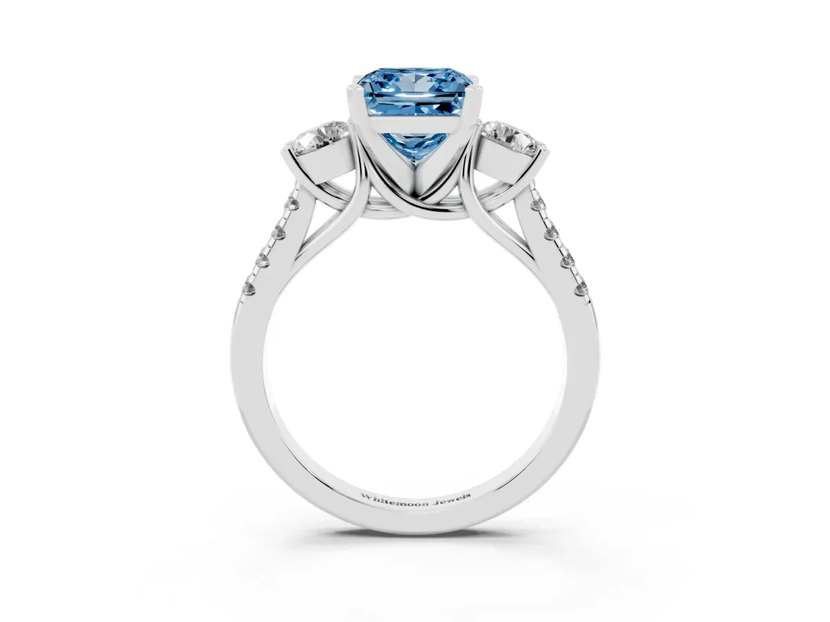 Fancy Blue Three-Stone Princess Cut Diamond Pavé Band with Four-Prong Setting Silver