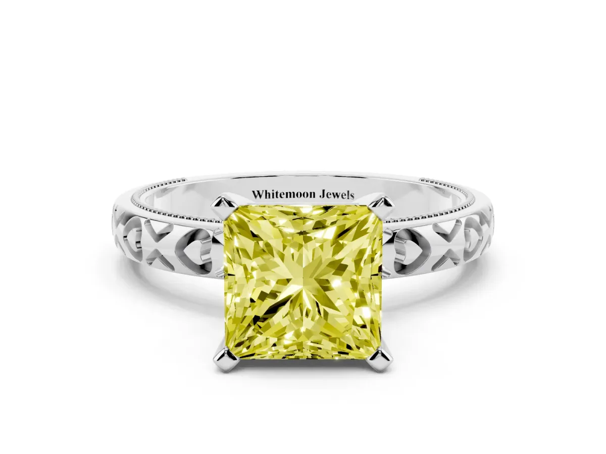 Fancy Yellow Princess Cut Solitaire Diamond Engagement Ring with XO Engraved Band and Four-Prong Setting Silver