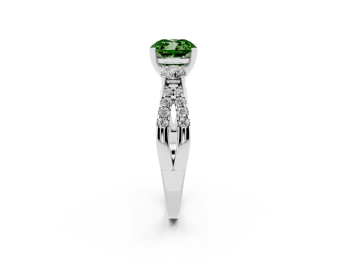 Fancy Green Cushion Cut Diamond Three-Stone Ring with Pavé Split Shank and Four-Prong Setting Platinum