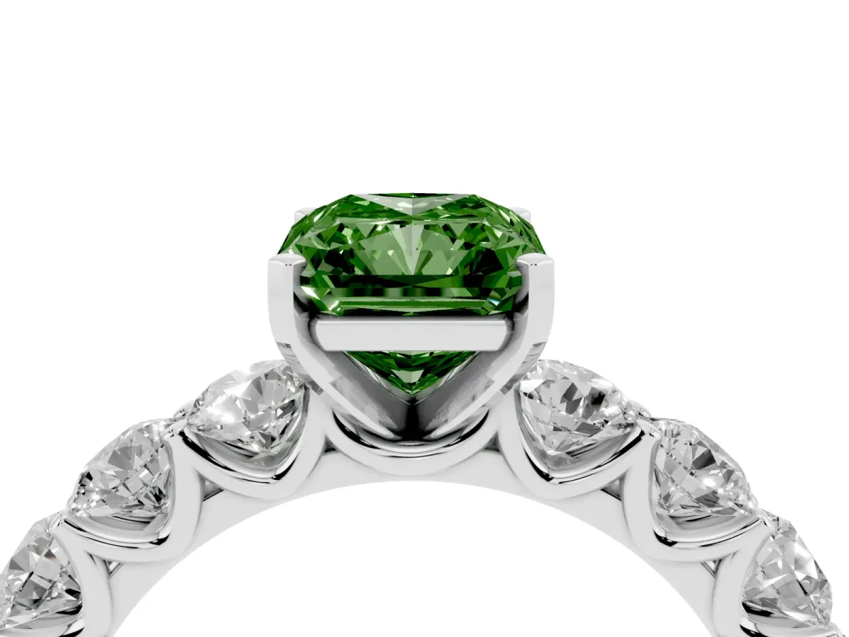 Fancy Green Radiant Cut Diamond Prong Setting with Side Stones on a Pave Band Platinum