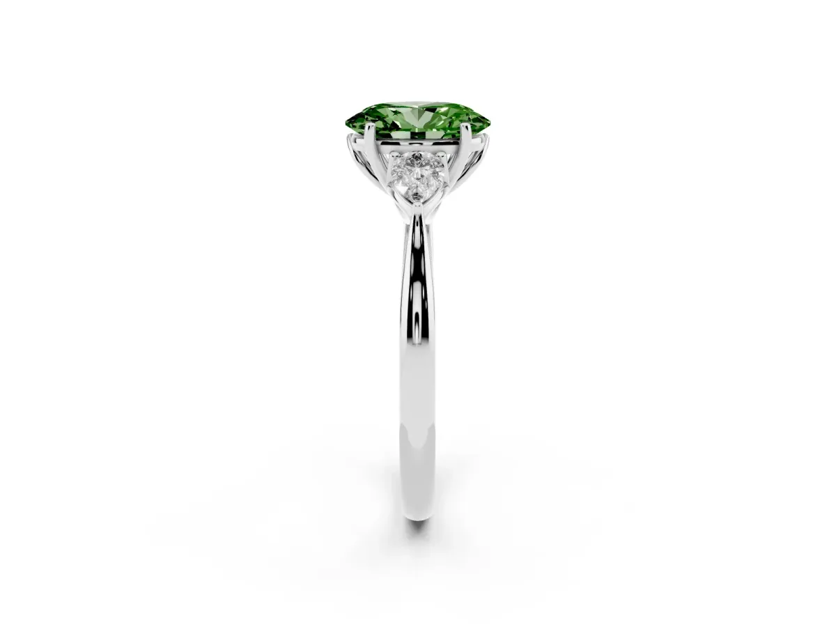 Fancy Green Three-Stone Oval Cut Diamond Ring with Pear Side Stones in Four-Prong Setting Platinum
