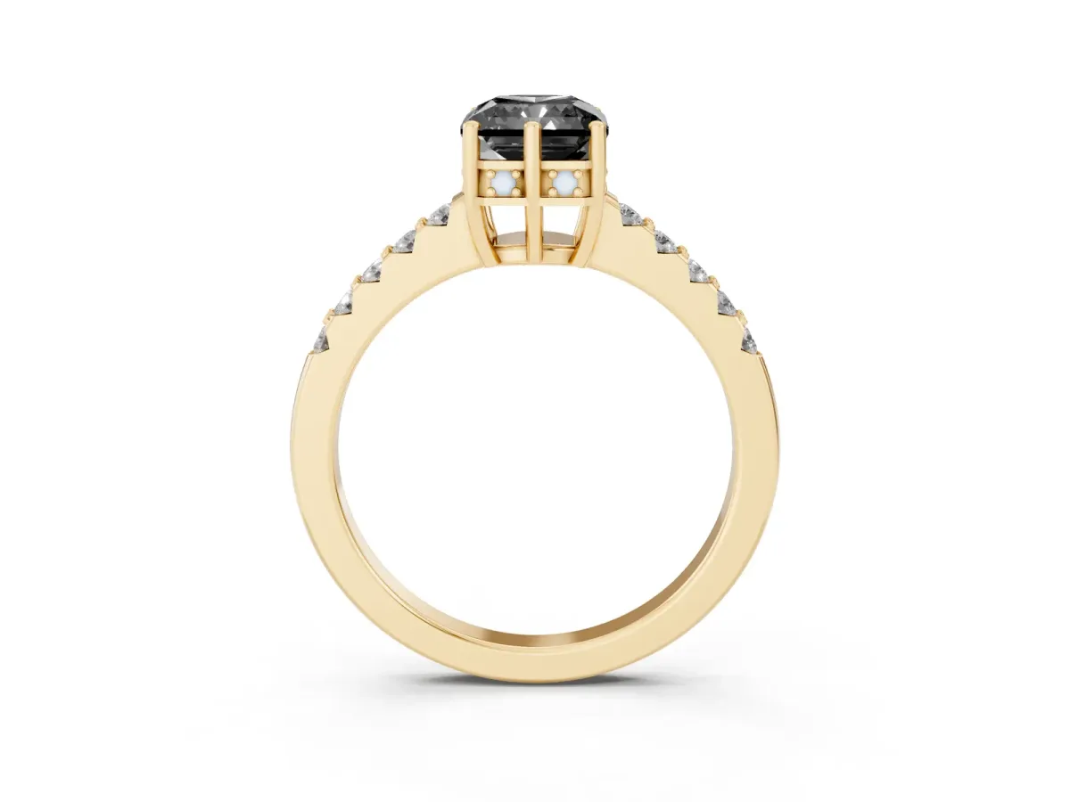 Fancy Black Radiant Cut Solitaire Diamond Engagement Ring with Pavé Band and Six-Prong Setting Yellow gold