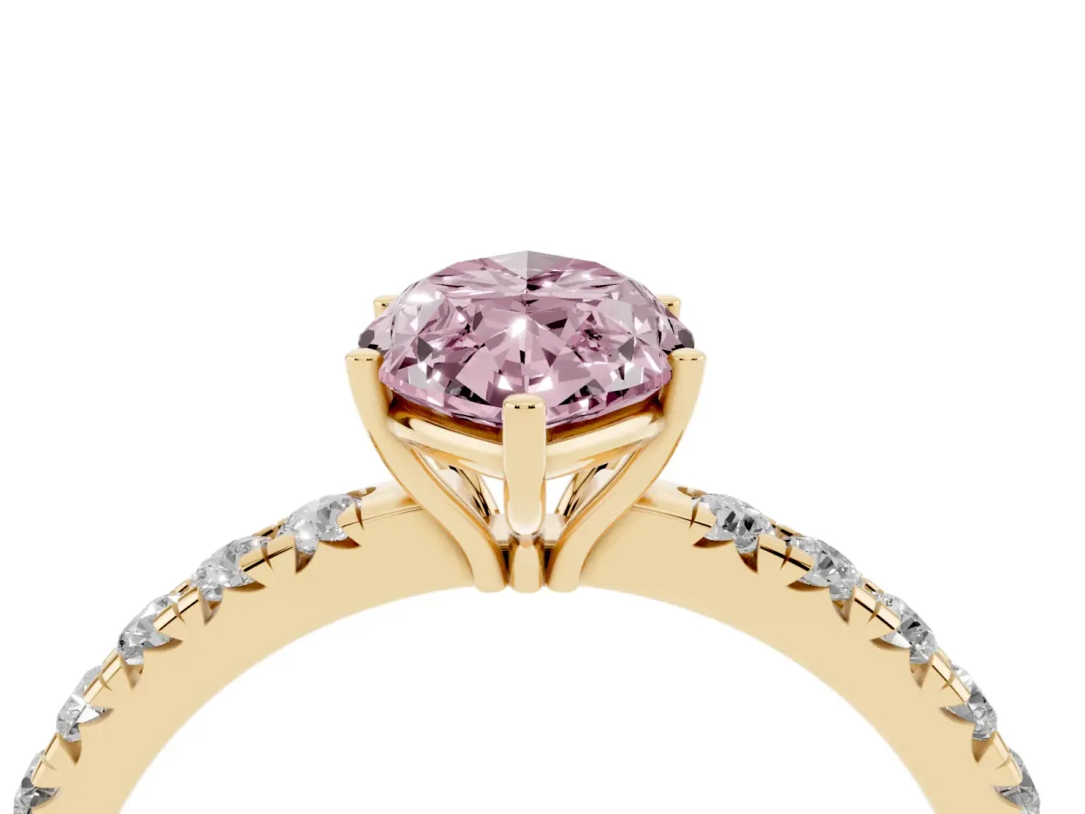 Fancy Pink Marquise Cut Diamond Pavé Solitaire Engagement Ring with Four-Prong Setting Yellow gold