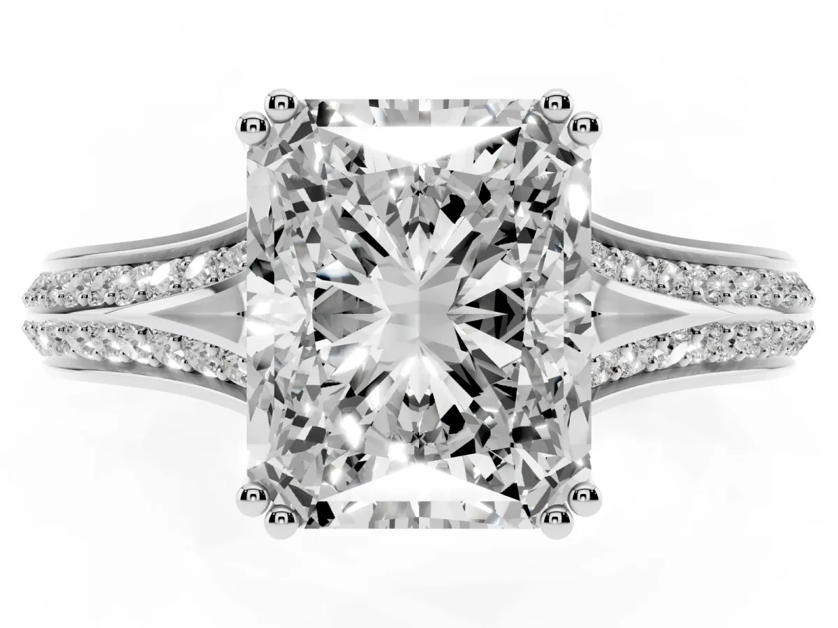 Radiant Cut Diamond Split Shank Engagement Ring with Pavé Band White gold