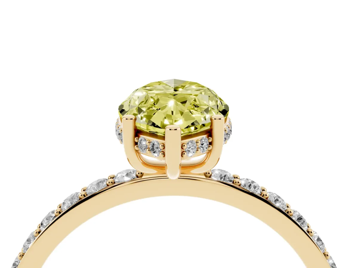 Fancy Yellow Marquise Cut Diamond Solitaire Ring with Pavé Band and Hidden Halo Yellow gold