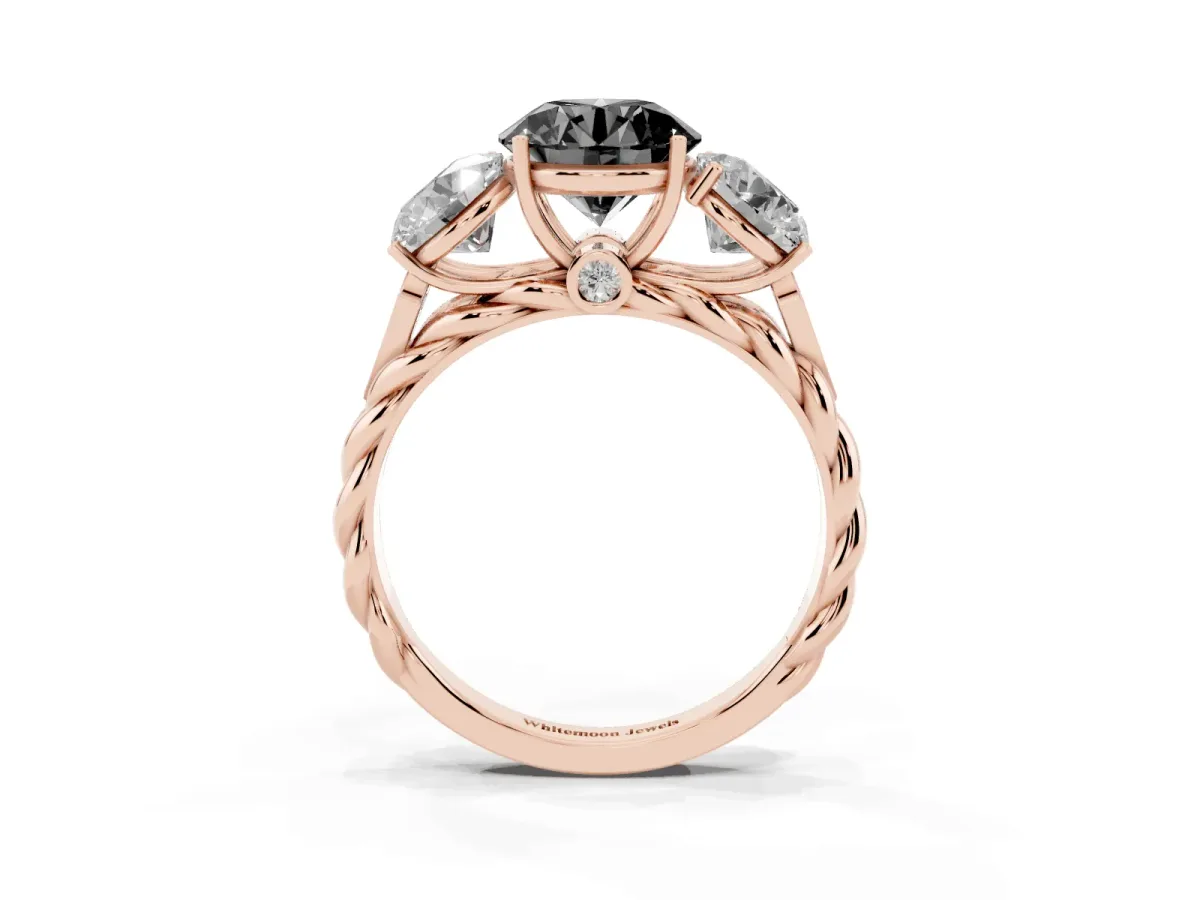 Fancy Black Three-Stone Round Cut Diamond Braided Band Ring with Four-Prong Setting Rose gold