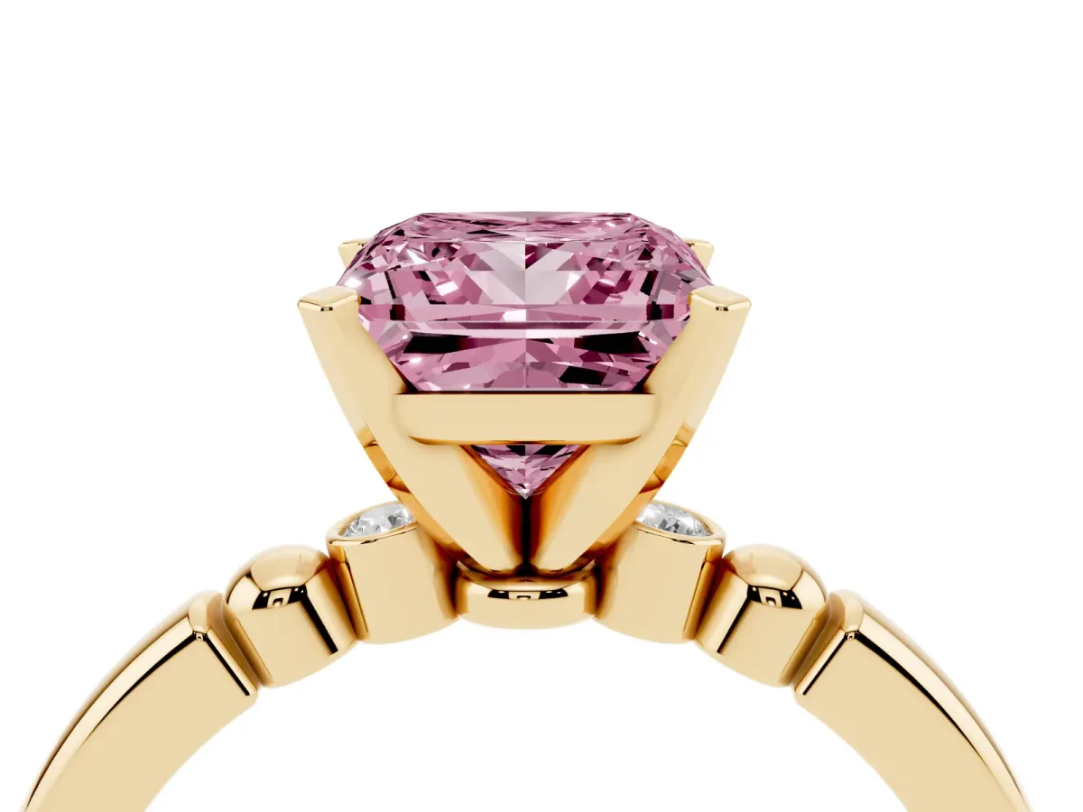 Fancy Pink Princess Cut Solitaire Beaded Band with Four-Prong Setting Yellow gold