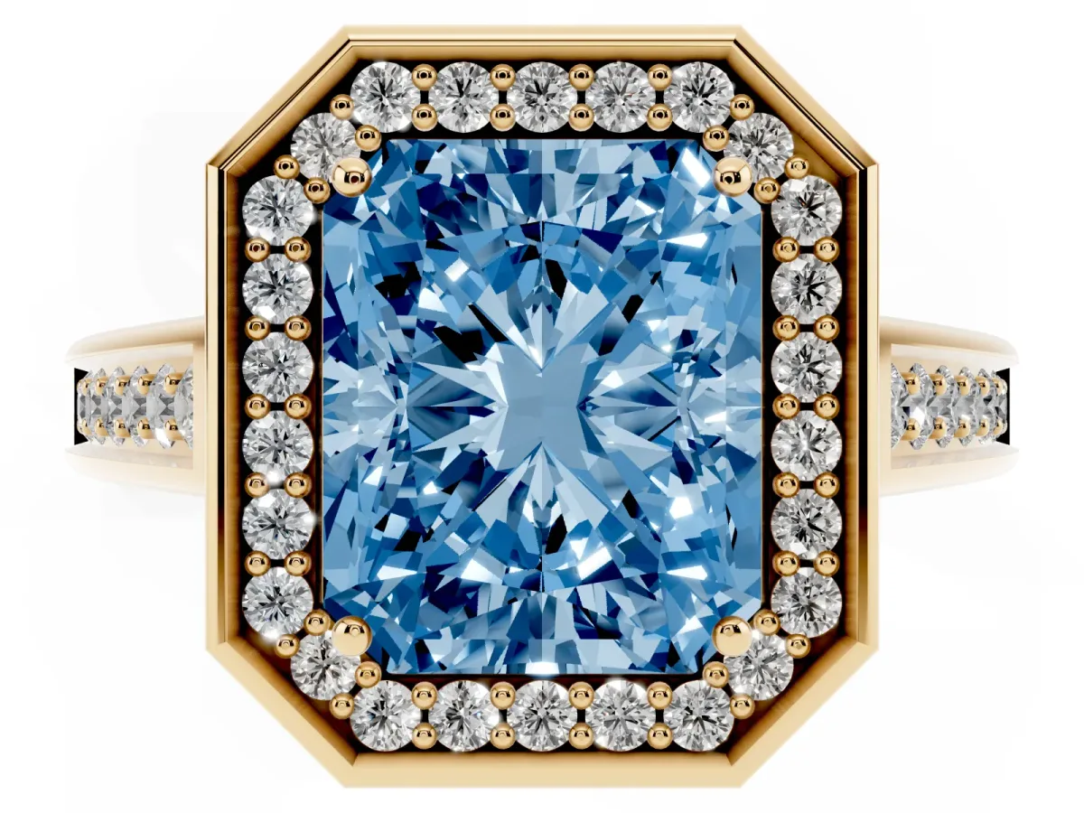 Fancy Blue Emerald Cut Halo Solitaire Diamond Ring with Pave Band and Bezel Setting Yellow gold