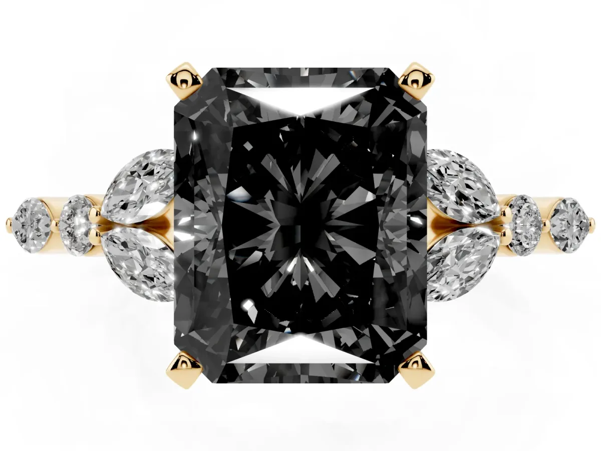 Fancy Black Radiant Cut Diamond Solitaire Ring with Side Stones and Four-Prong Setting Yellow gold