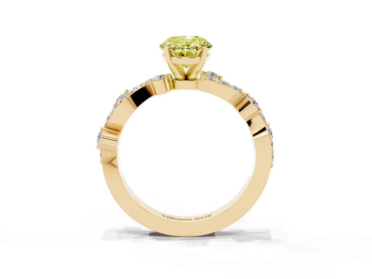 Fancy Yellow Oval Cut Cut Solitaire Diamond Twisted Band with Pave Setting Yellow gold