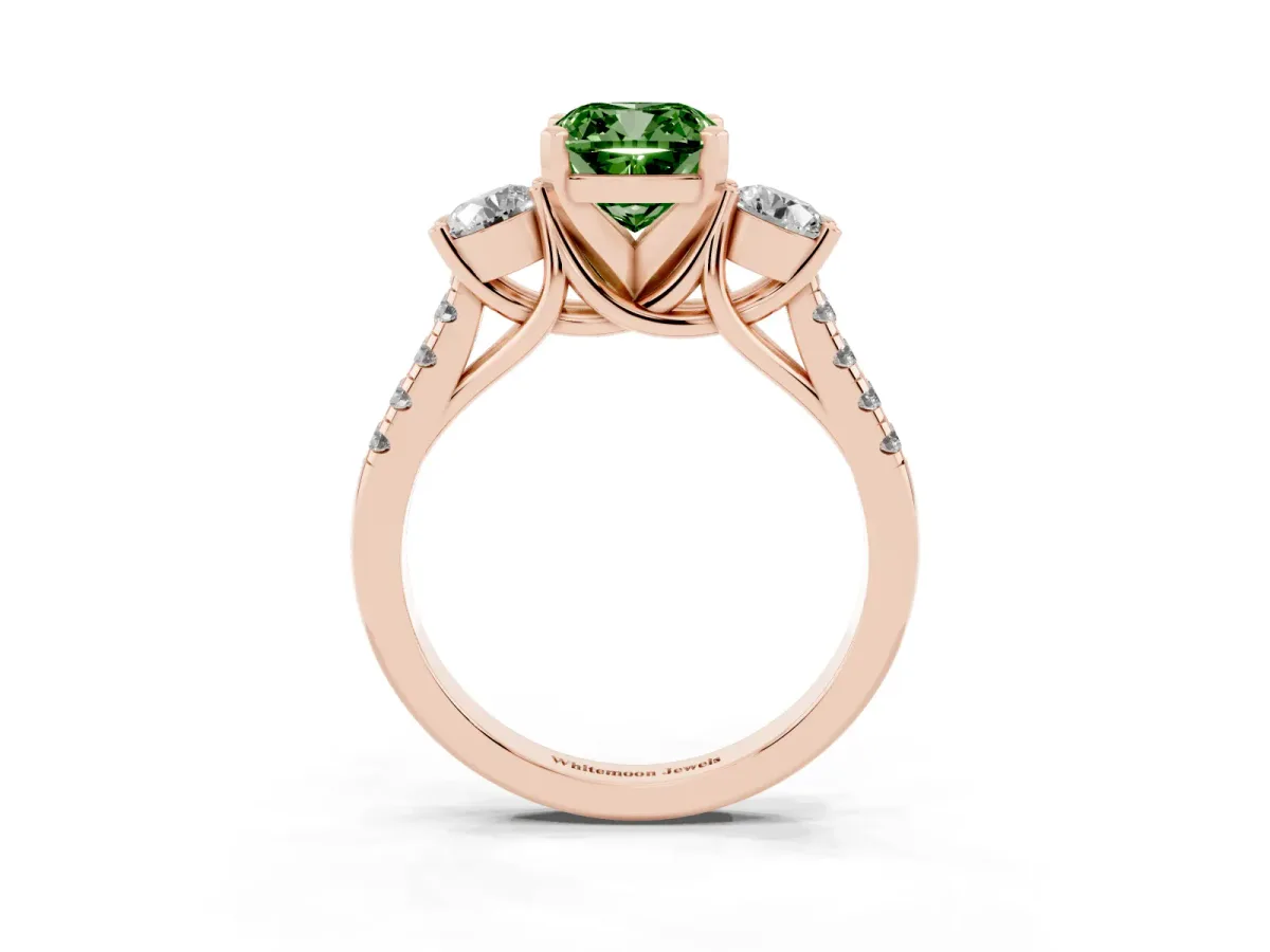 Fancy Green Three-Stone Cushion Cut Diamond Pavé Band with Four-Prong Setting Rose gold