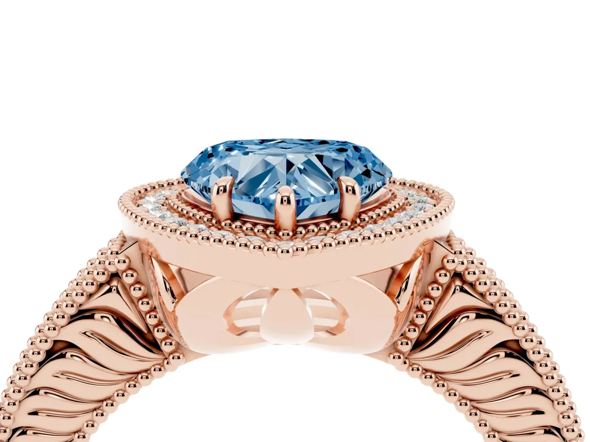 Fancy Blue Heart Cut Cut Halo Diamond Ring with Pavé Band and Four-Prong Setting Rose gold