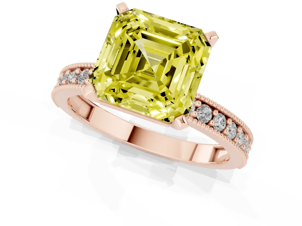Fancy Yellow Asscher Cut Diamond Milgrain Pavé Engagement Ring with Four-Prong Setting Rose gold