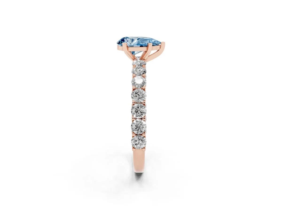 Fancy Blue Pear Cut Diamond Solitaire Ring with Shared Prong Pavé Band and Four-Prong Setting Rose gold