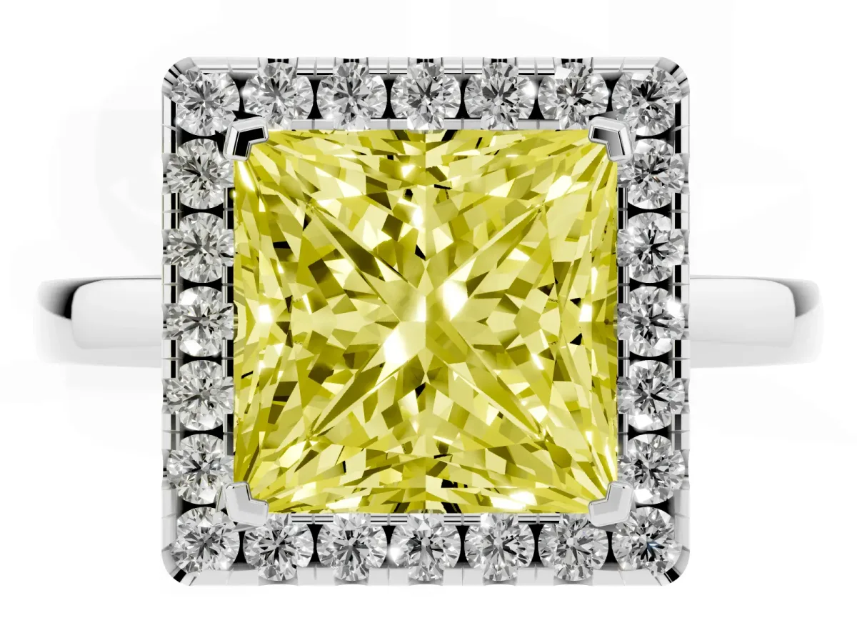 Fancy Yellow Princess Cut Halo Diamond Solitaire with Pavé Band and Four-Prong Setting White gold