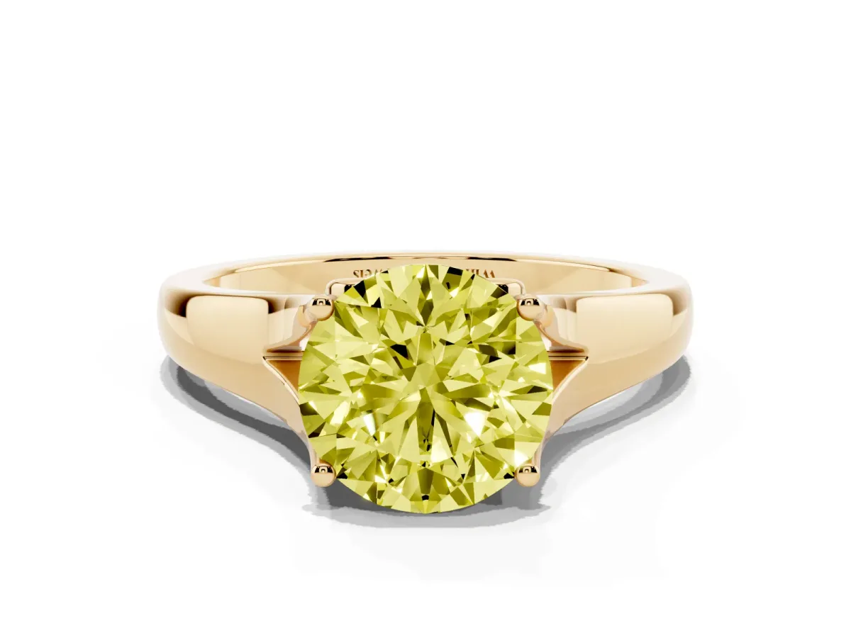 Fancy Yellow Round Cut Solitaire Diamond Ring with Cathedral Band and Four-Prong Setting Yellow gold