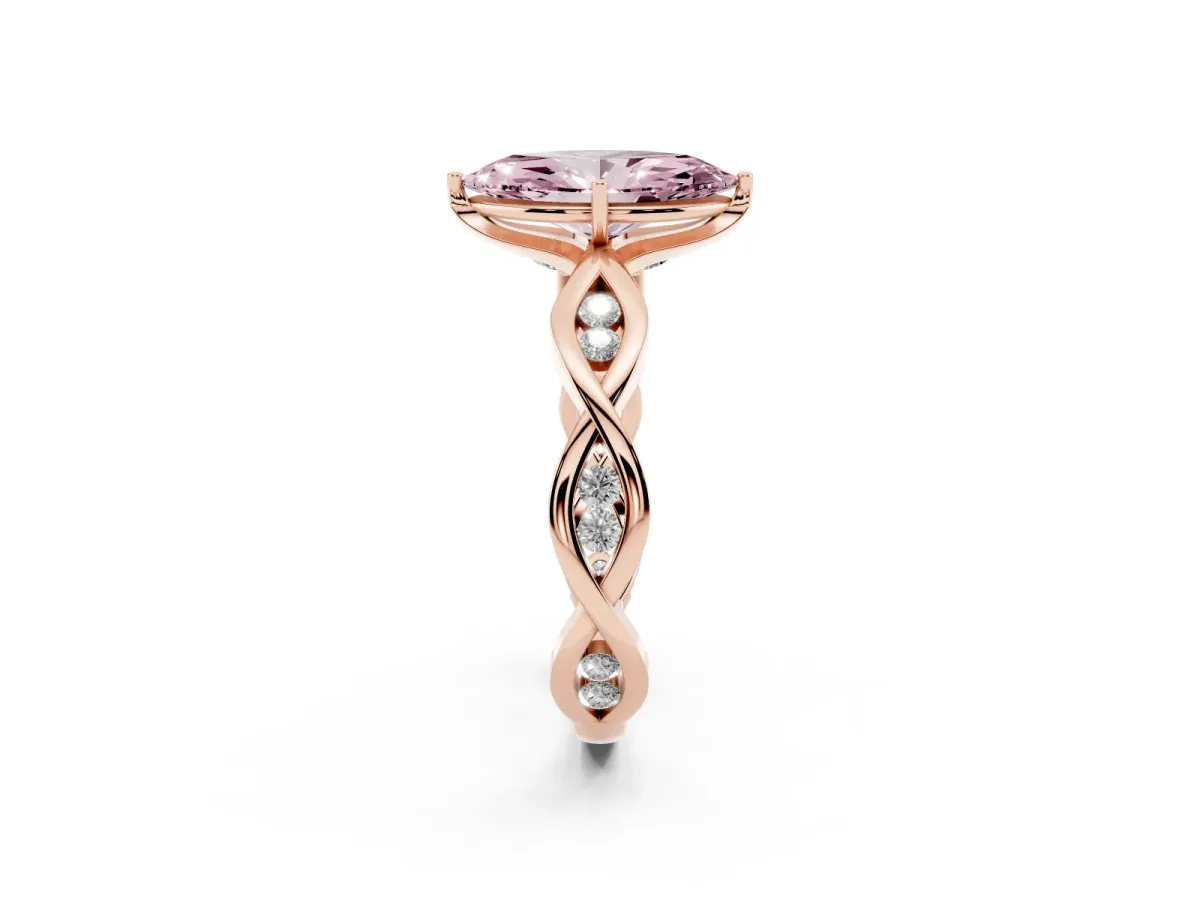Fancy Pink Marquise Cut Solitaire Twist Band with Leaf Prong Setting Rose gold