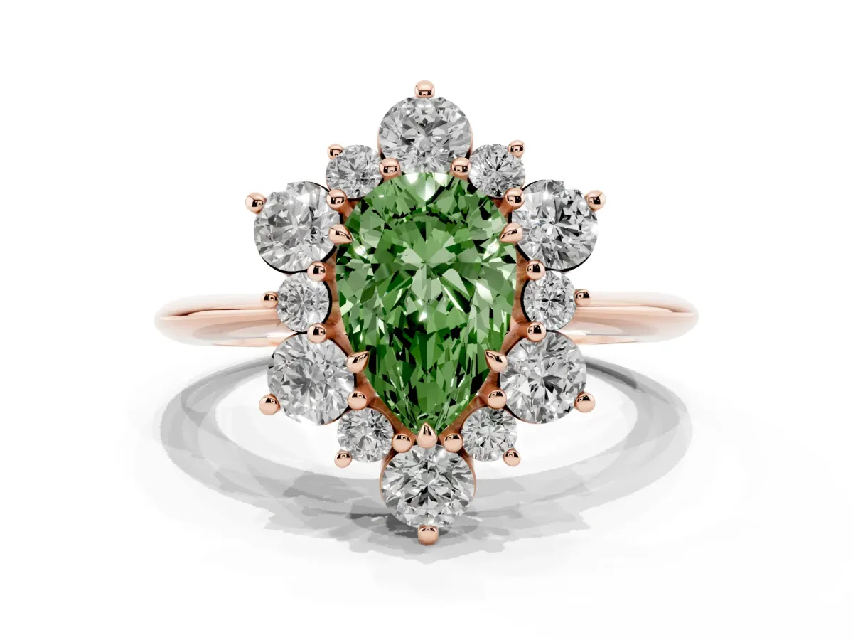 Fancy Green Pear Cut Diamond Cluster Halo Ring with Solitaire Band and Four-Prong Setting Rose gold