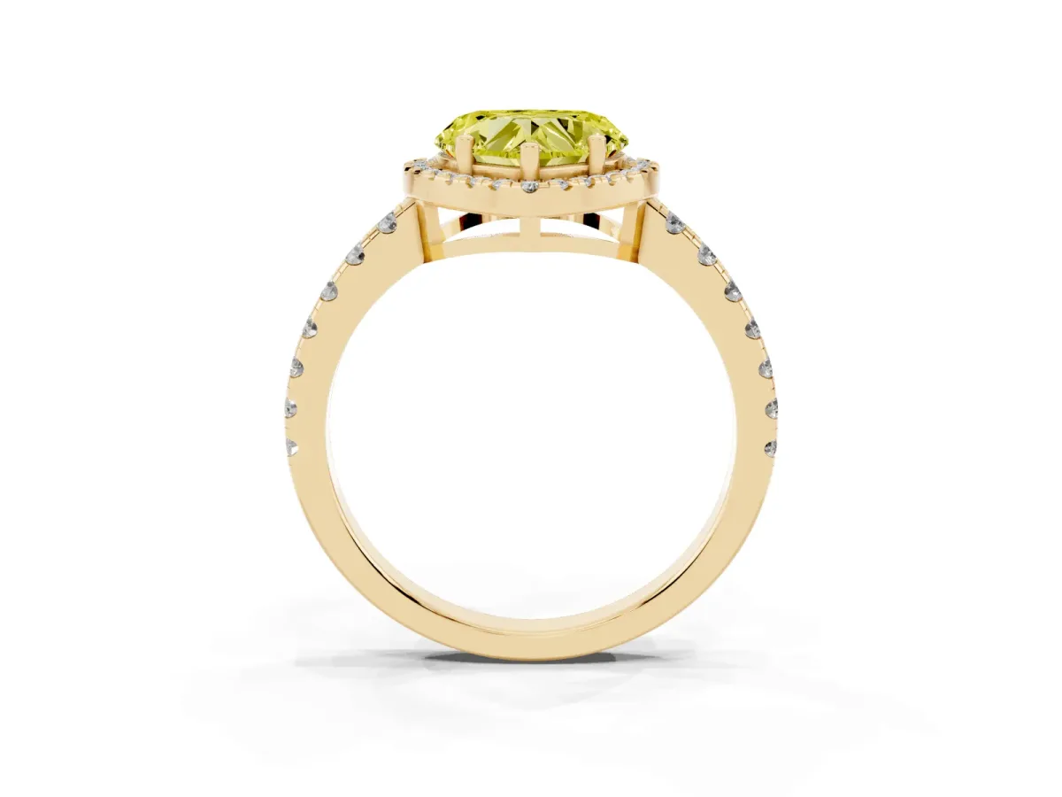 Fancy Yellow Heart Cut Diamond Halo Ring with Pavé Band and Four-Prong Setting Yellow gold