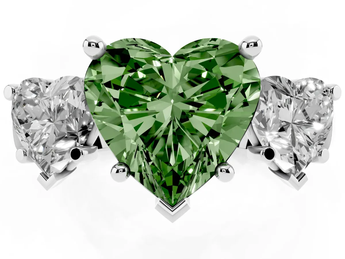 Fancy Green Three-Stone Heart Cut Brilliant Diamond Trellis Ring with Comfort Fit Band Platinum