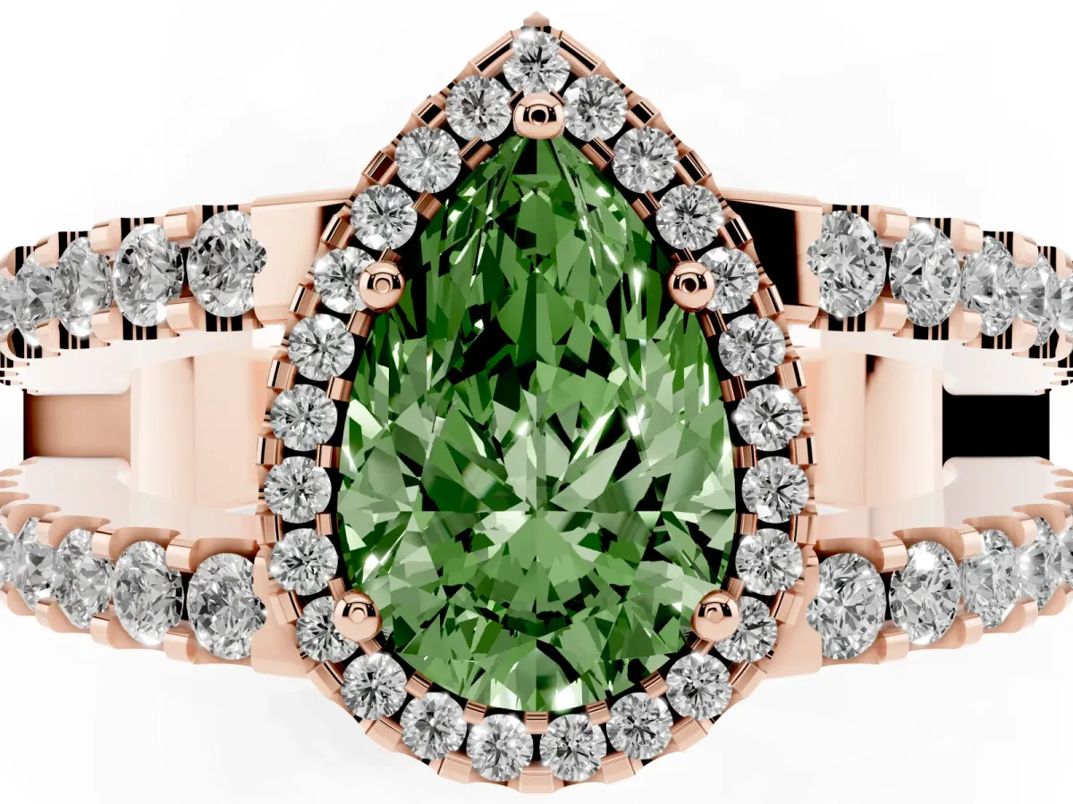 Fancy Green Pear Cut Cut Halo Split Shank Diamond Ring with Four-Prong Setting Rose gold